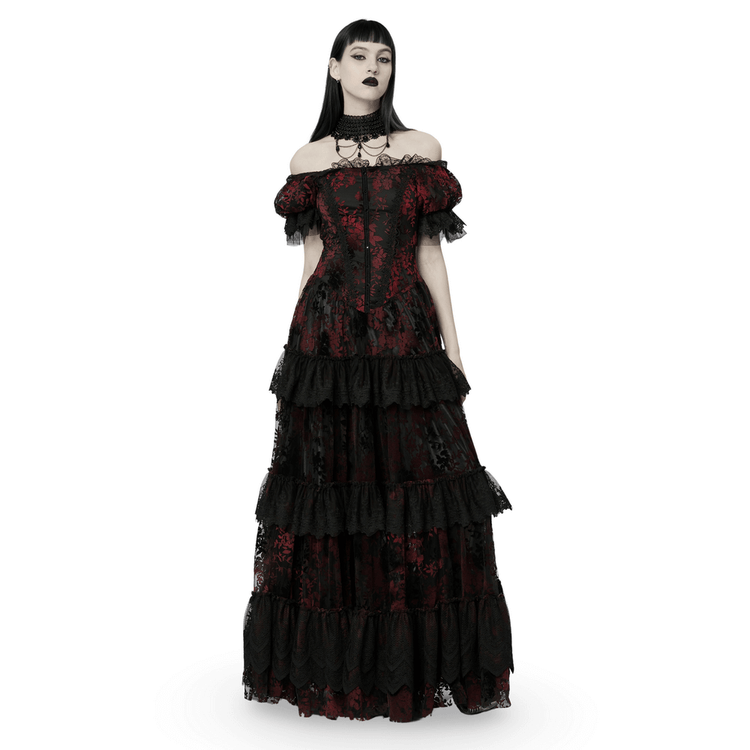 Gothic Elegance Flocking Mesh Red Print Gown With Short Sleeves - image 1