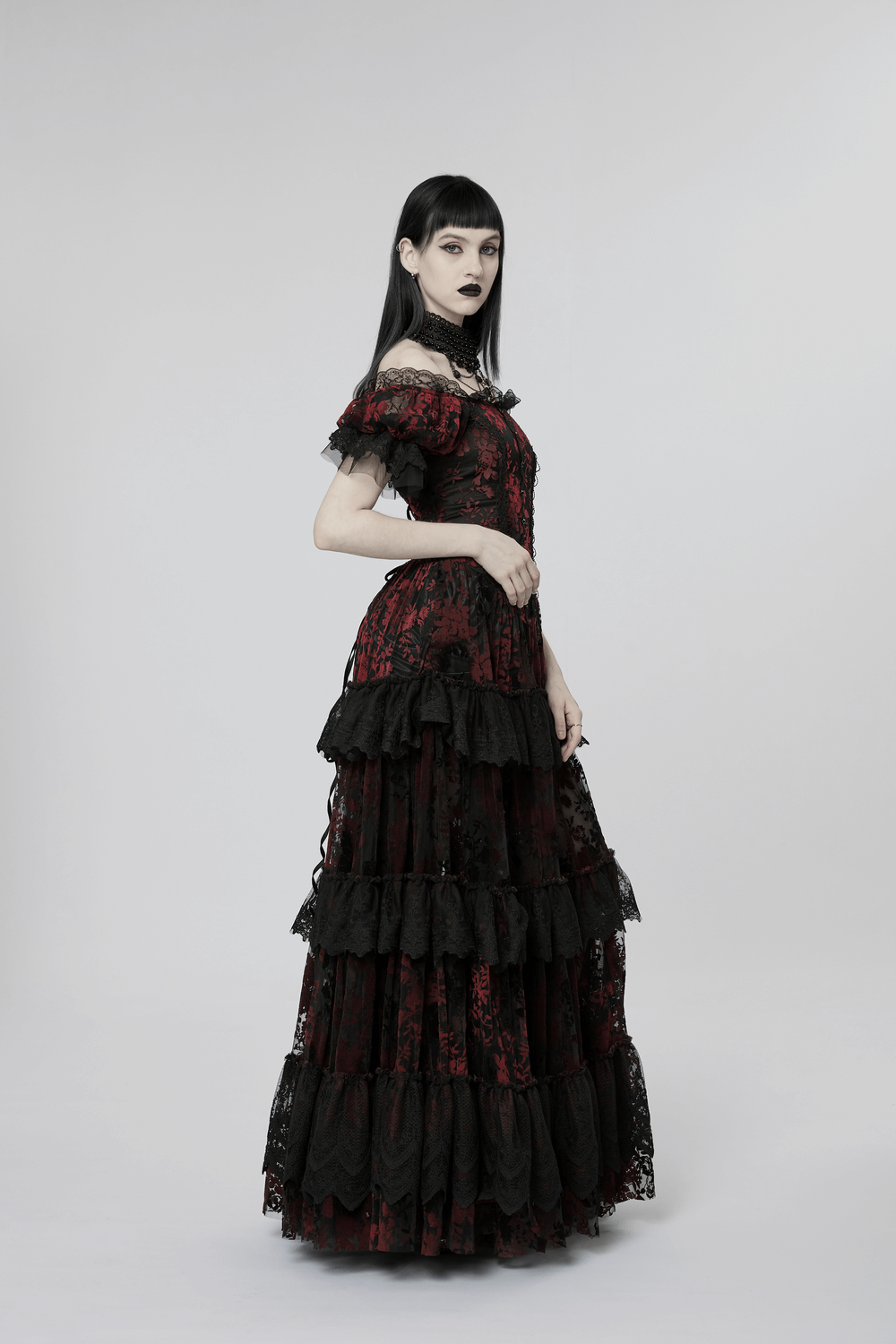 Gothic Elegance Flocking Mesh Red Print Gown With Short Sleeves - image 14