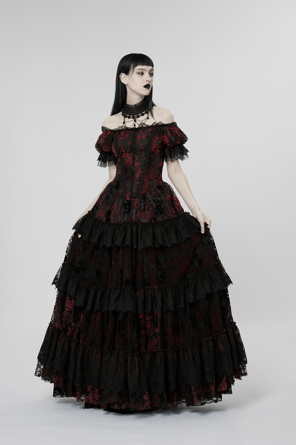 Gothic Elegance Flocking Mesh Red Print Gown With Short Sleeves - image 13