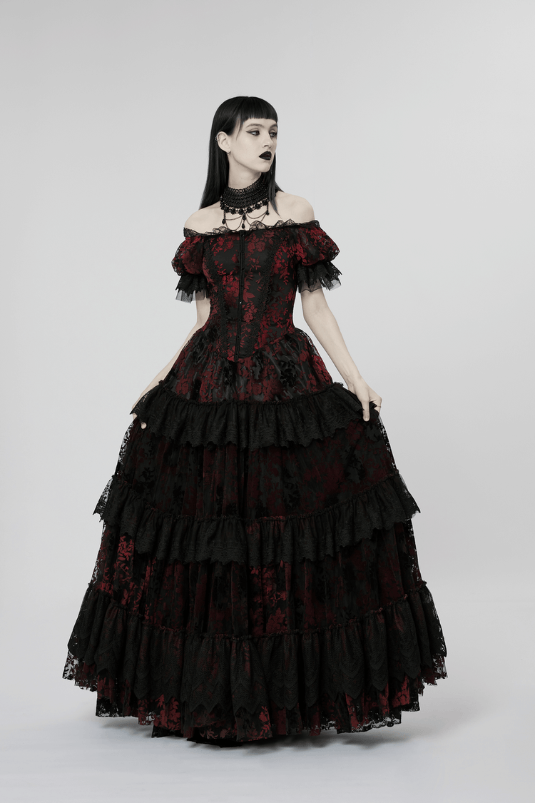 Gothic Elegance Flocking Mesh Red Print Gown With Short Sleeves - image 13