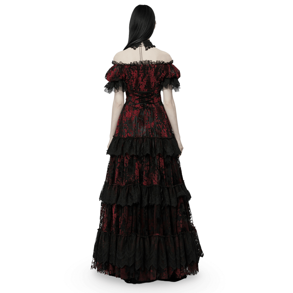 Gothic Elegance Flocking Mesh Red Print Gown With Short Sleeves - image 2