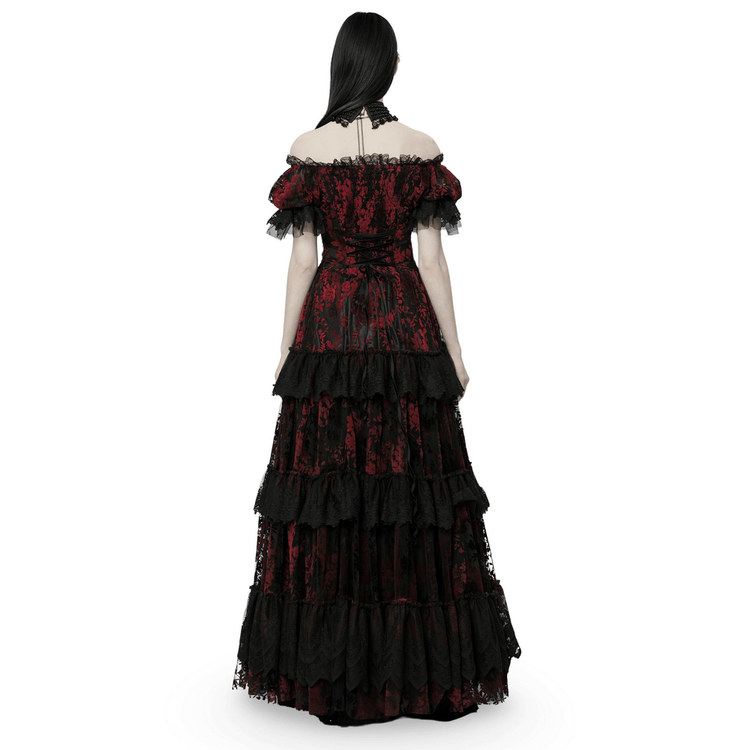 Gothic Elegance Flocking Mesh Red Print Gown With Short Sleeves - image 2