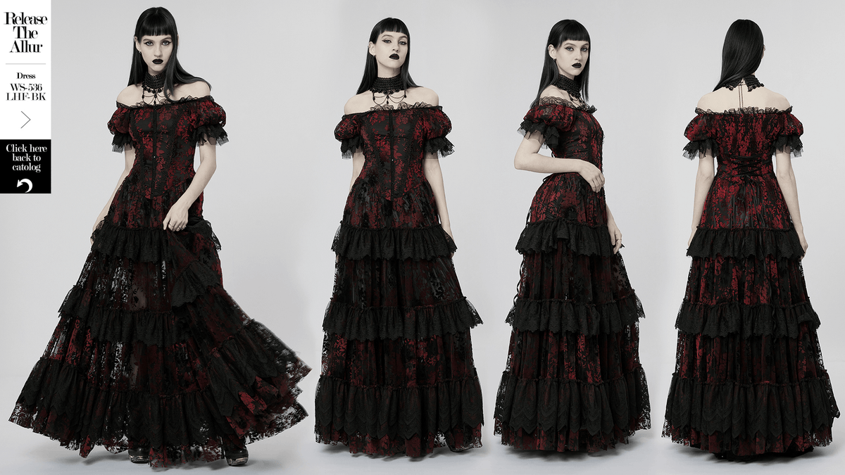 Gothic Elegance Flocking Mesh Red Print Gown With Short Sleeves - image 15