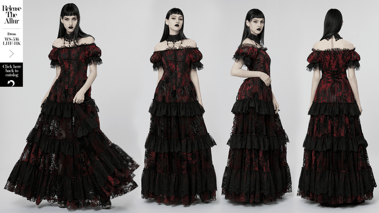 Gothic Elegance Flocking Mesh Red Print Gown With Short Sleeves - image 15