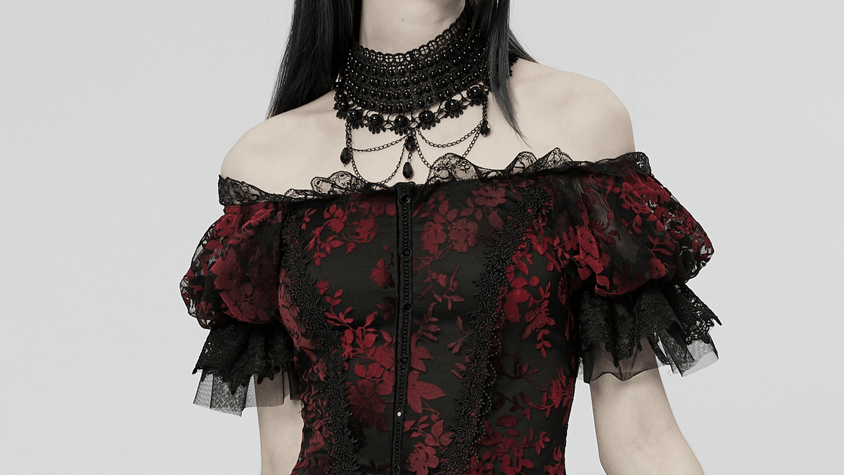 Gothic Elegance Flocking Mesh Red Print Gown With Short Sleeves - image 12
