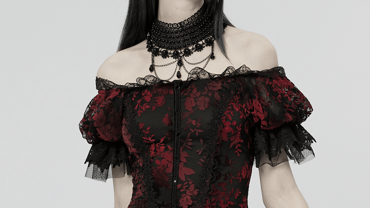 Gothic Elegance Flocking Mesh Red Print Gown With Short Sleeves - image 12