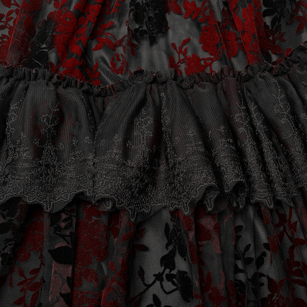 Gothic Elegance Flocking Mesh Red Print Gown With Short Sleeves - image 9