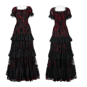 Gothic Elegance Flocking Mesh Red Print Gown With Short Sleeves - image 3
