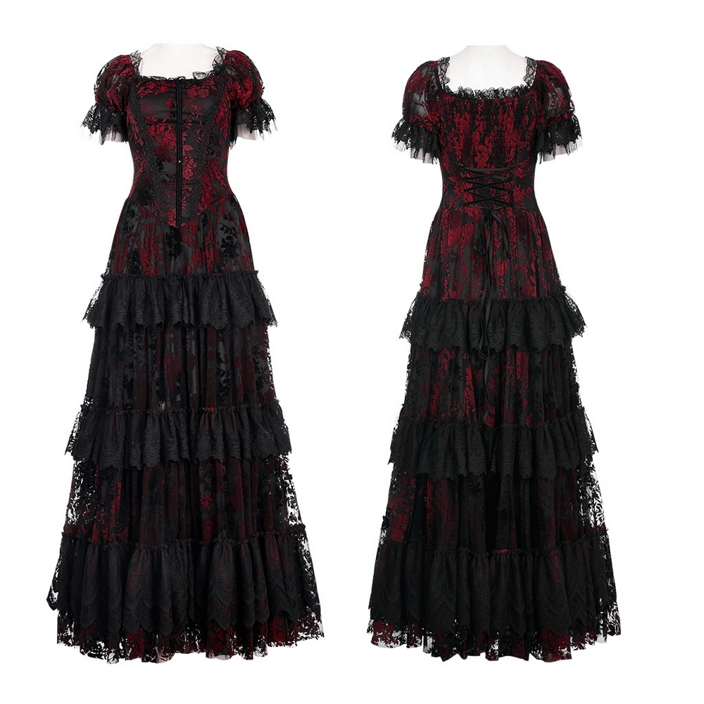 Gothic Elegance Flocking Mesh Red Print Gown With Short Sleeves - image 3