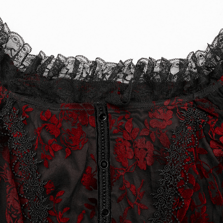 Gothic Elegance Flocking Mesh Red Print Gown With Short Sleeves - image 8