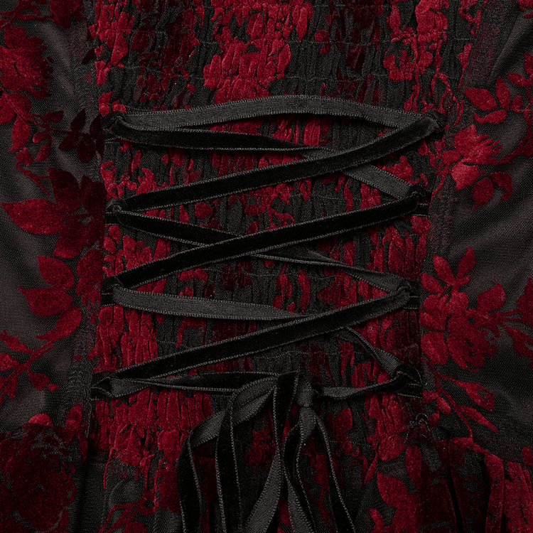 Gothic Elegance Flocking Mesh Red Print Gown With Short Sleeves - image 11