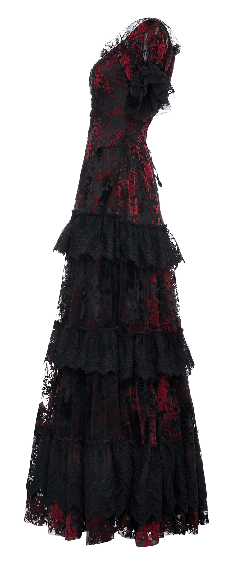 Gothic Elegance Flocking Mesh Red Print Gown With Short Sleeves - image 5