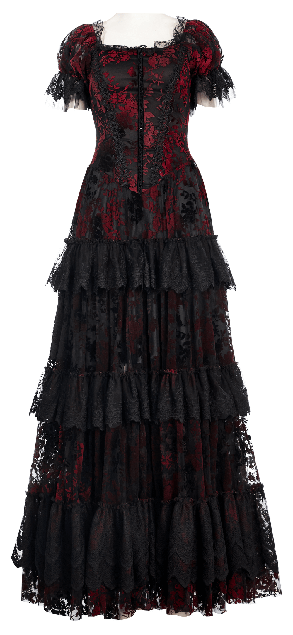Gothic Elegance Flocking Mesh Red Print Gown With Short Sleeves - image 4