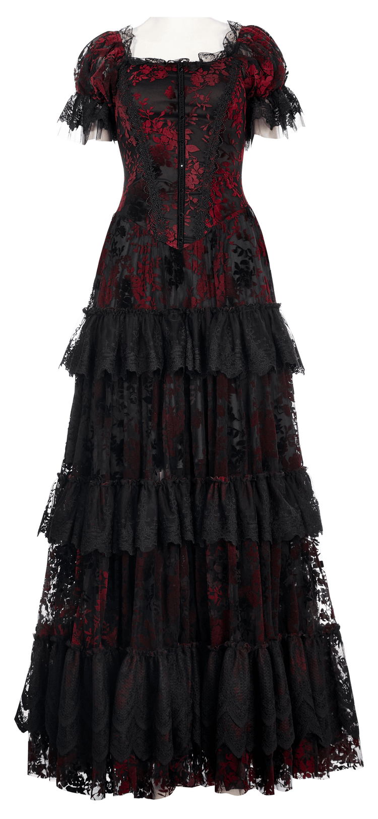 Gothic Elegance Flocking Mesh Red Print Gown With Short Sleeves - image 4