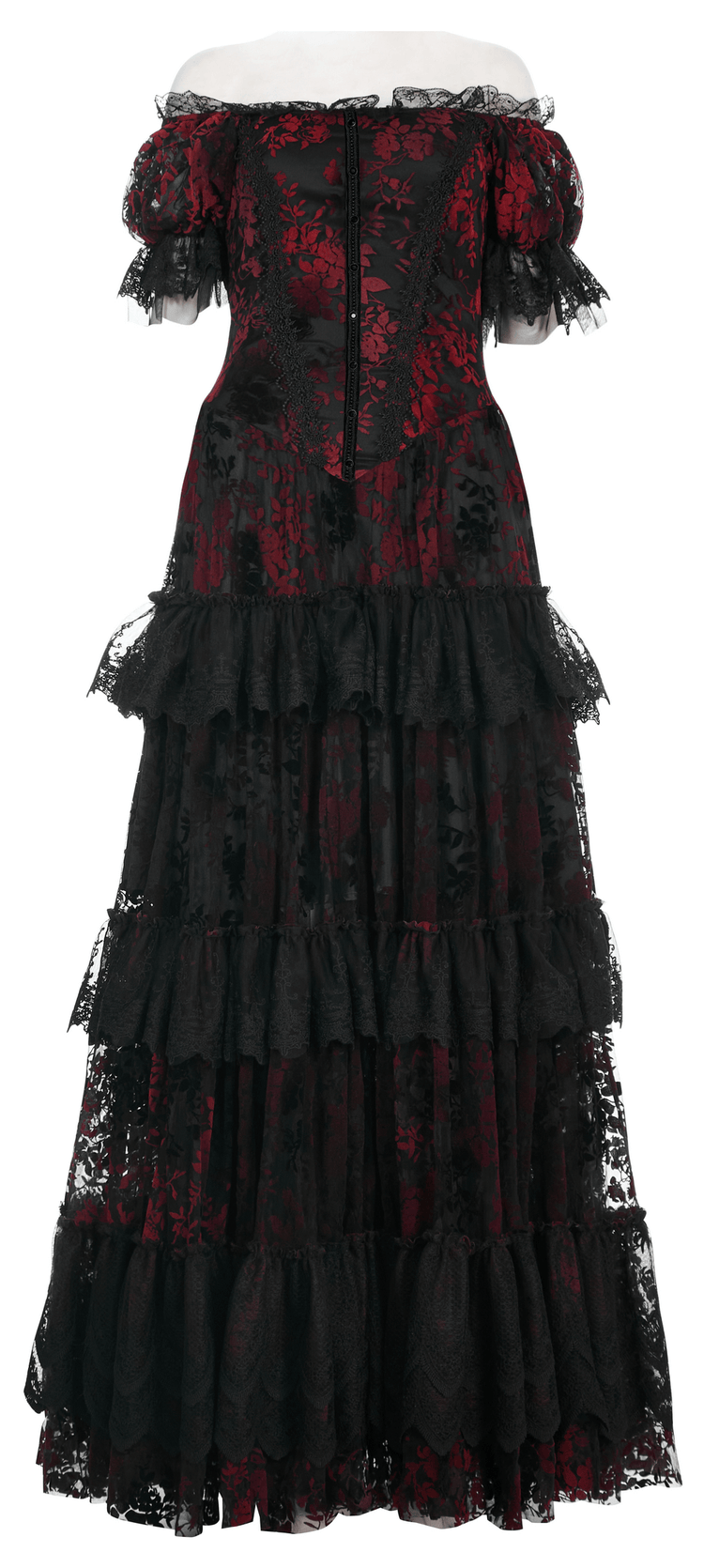 Gothic Elegance Flocking Mesh Red Print Gown With Short Sleeves - image 7