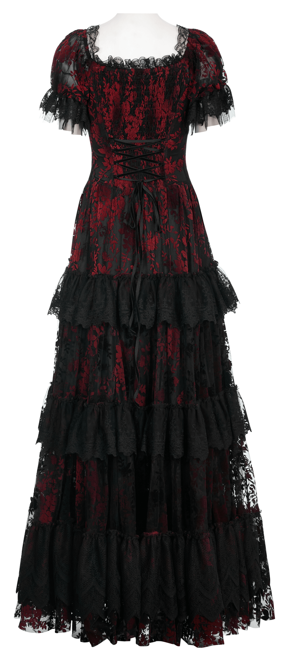 Gothic Elegance Flocking Mesh Red Print Gown With Short Sleeves - image 6