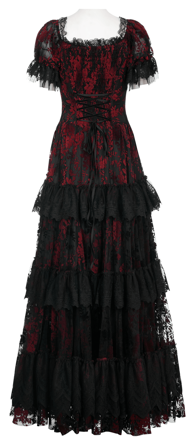 Gothic Elegance Flocking Mesh Red Print Gown With Short Sleeves - image 6