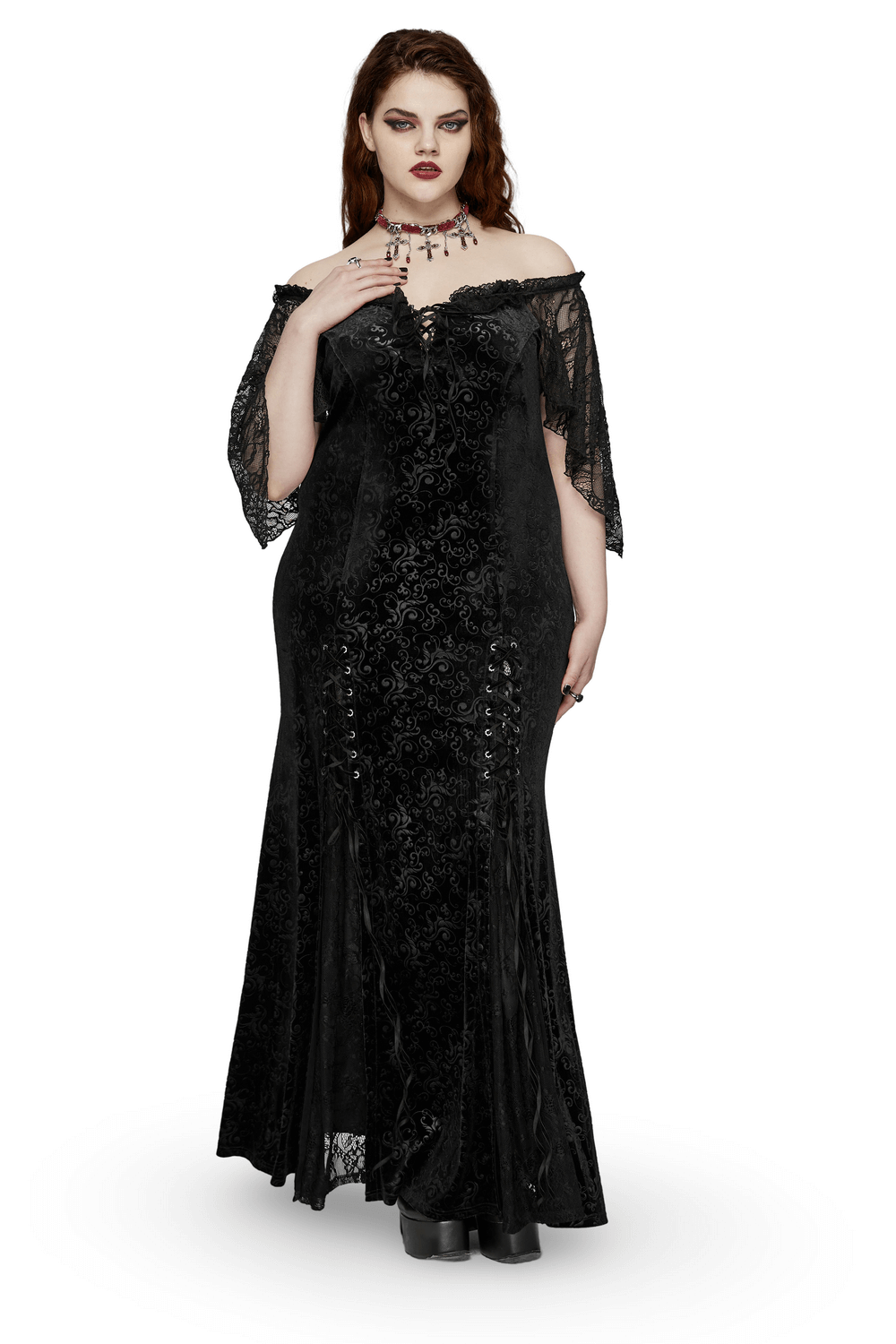 Gothic Elegance Velvet Lace-Up Long Dress in Black - image 1