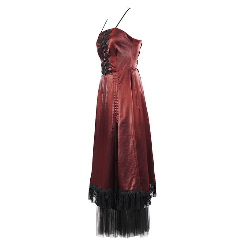 Gothic Female Wine Red Drawstring Lace Splice Slip Dress / Women's Long Dress with Straps - image 3