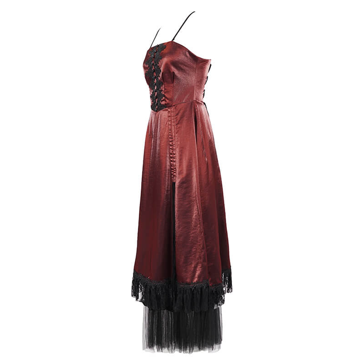 Gothic Female Wine Red Drawstring Lace Splice Slip Dress / Women's Long Dress with Straps - image 3