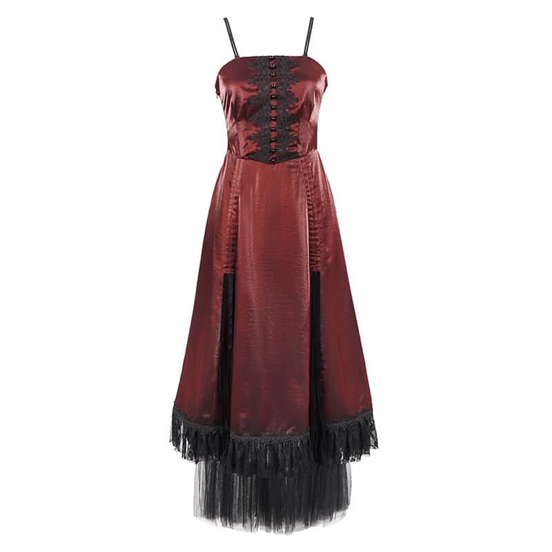 Gothic Female Wine Red Drawstring Lace Splice Slip Dress / Women's Long Dress with Straps - image 4