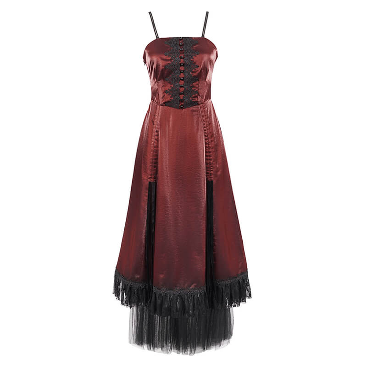 Gothic Female Wine Red Drawstring Lace Splice Slip Dress / Women's Long Dress with Straps - image 4