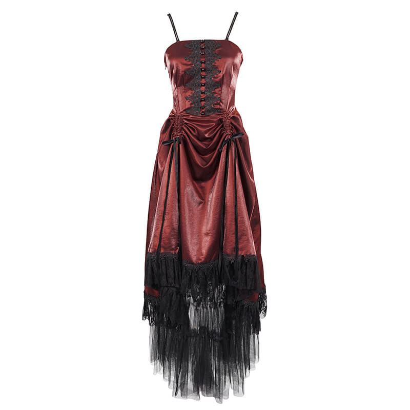 Gothic Female Wine Red Drawstring Lace Splice Slip Dress / Women's Long Dress with Straps - image 5