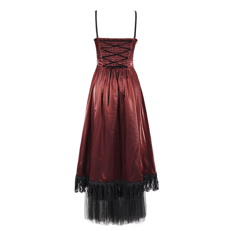 Gothic Female Wine Red Drawstring Lace Splice Slip Dress / Women's Long Dress with Straps - image 6