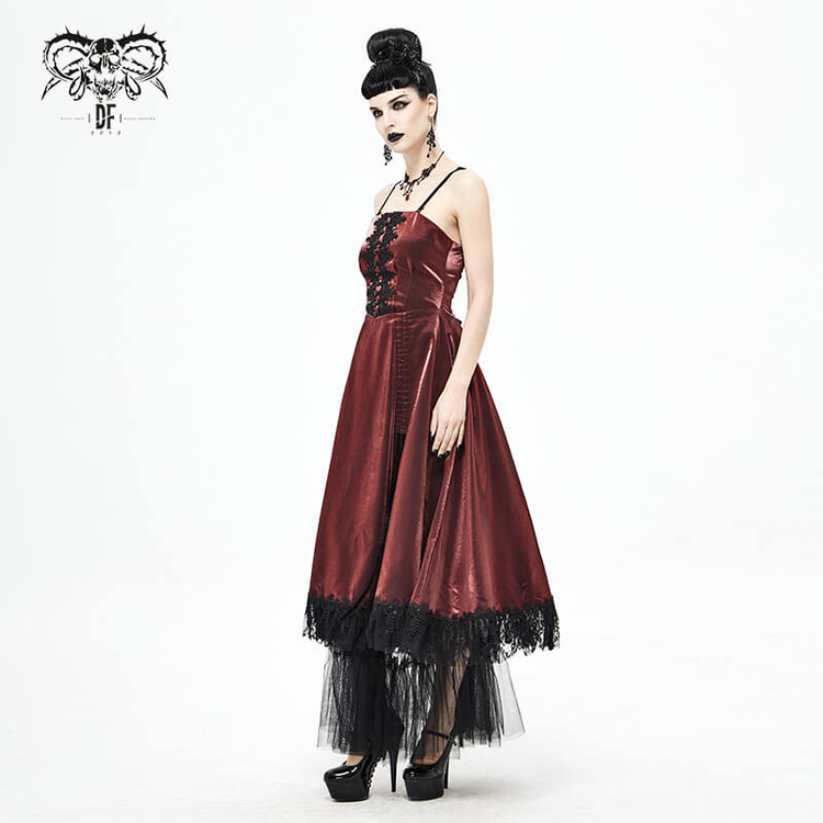 Gothic Female Wine Red Drawstring Lace Splice Slip Dress / Women's Long Dress with Straps - image 15