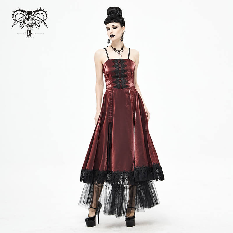Gothic Female Wine Red Drawstring Lace Splice Slip Dress / Women's Long Dress with Straps - image 16