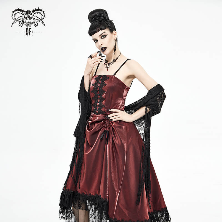 Gothic Female Wine Red Drawstring Lace Splice Slip Dress / Women's Long Dress with Straps - image 12