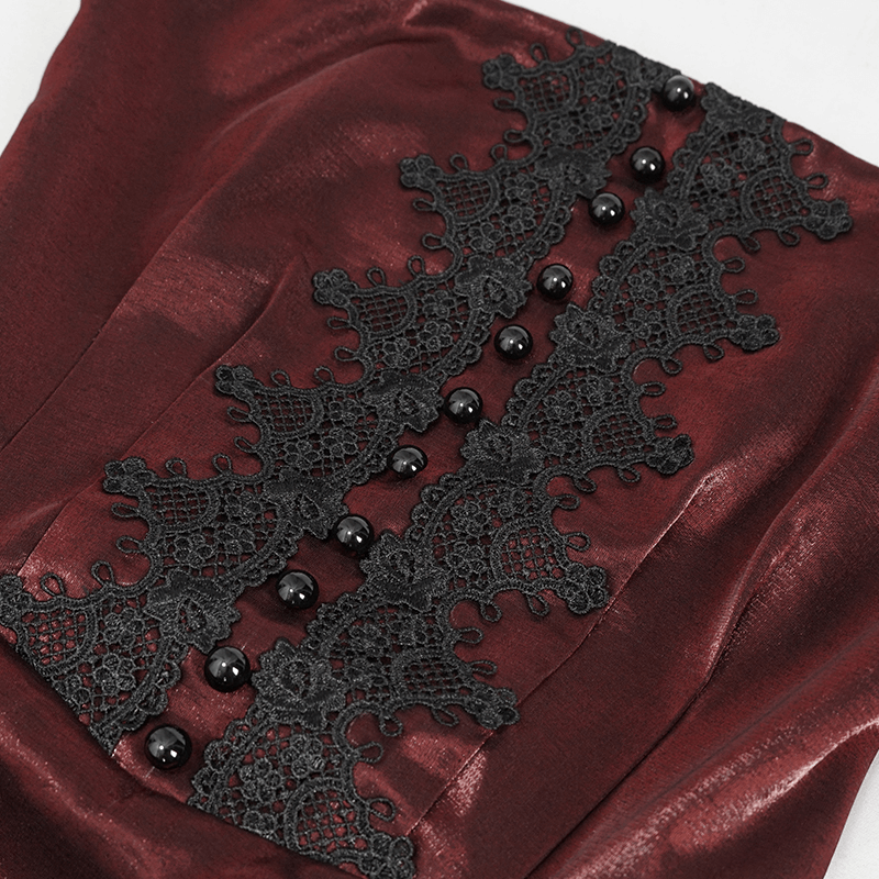Gothic Female Wine Red Drawstring Lace Splice Slip Dress / Women's Long Dress with Straps - image 9