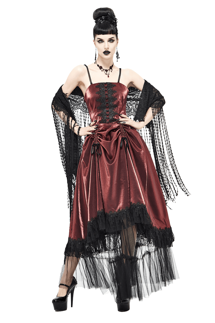Gothic Female Wine Red Drawstring Lace Splice Slip Dress / Women's Long Dress with Straps - image 1