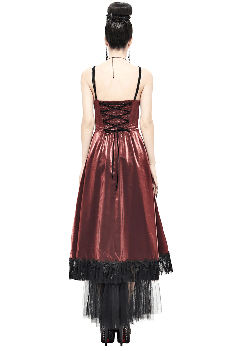 Gothic Female Wine Red Drawstring Lace Splice Slip Dress / Women's Long Dress with Straps - image 2