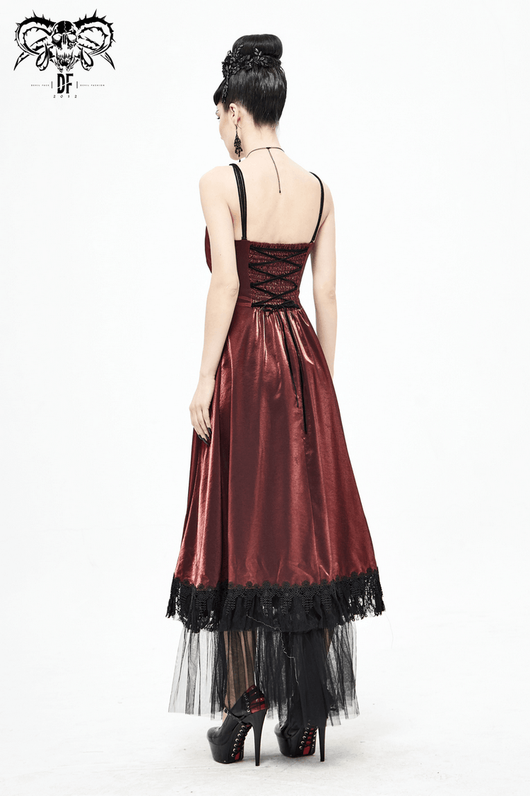 Gothic Female Wine Red Drawstring Lace Splice Slip Dress / Women's Long Dress with Straps - image 17
