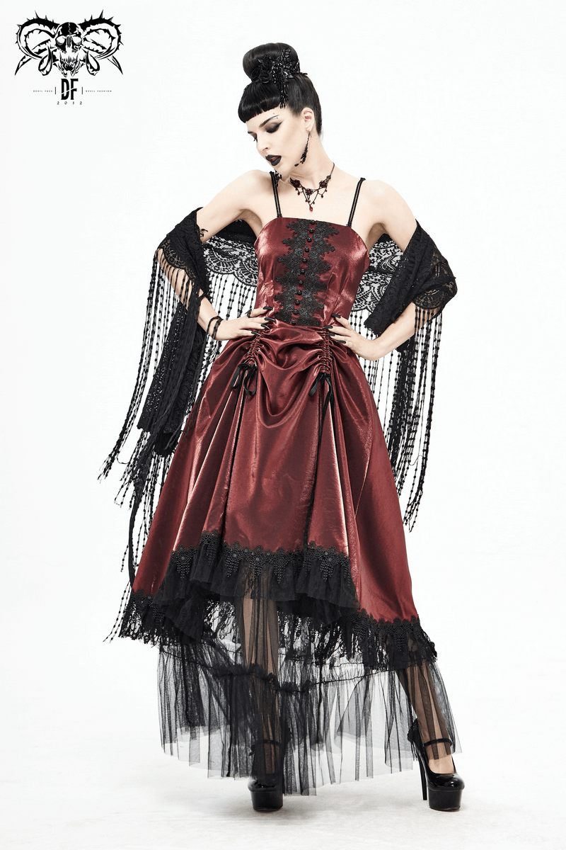 Gothic Female Wine Red Drawstring Lace Splice Slip Dress / Women's Long Dress with Straps - image 13