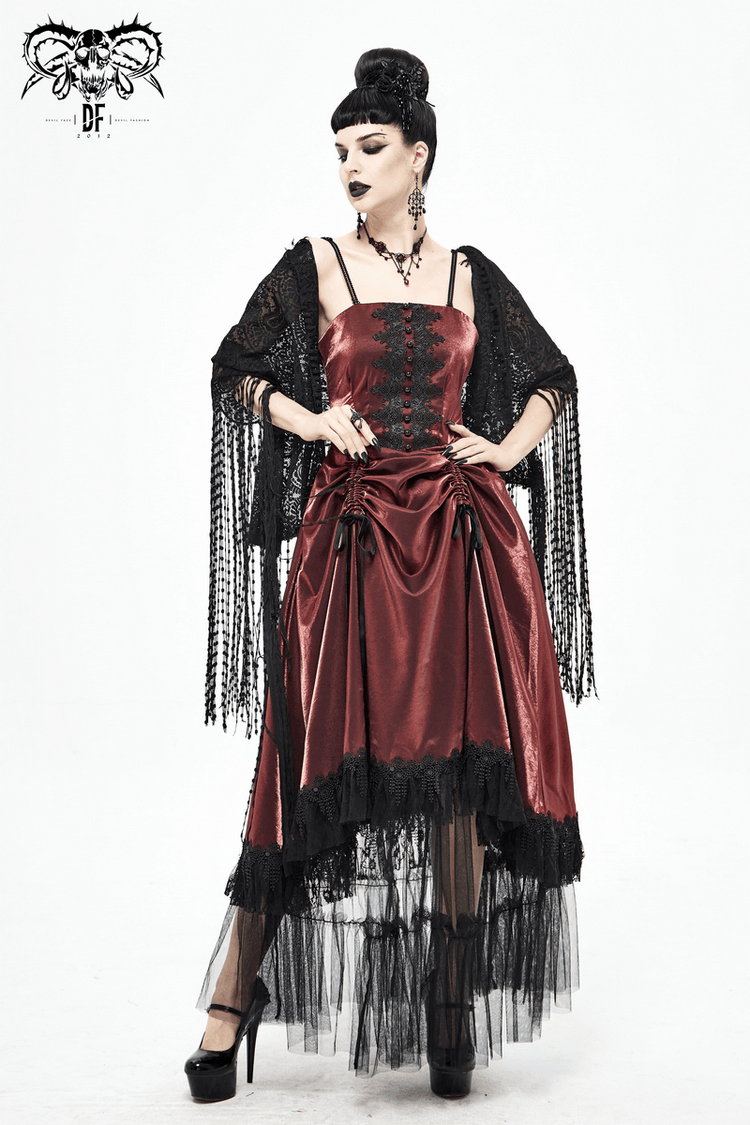 Gothic Female Wine Red Drawstring Lace Splice Slip Dress / Women's Long Dress with Straps - image 14