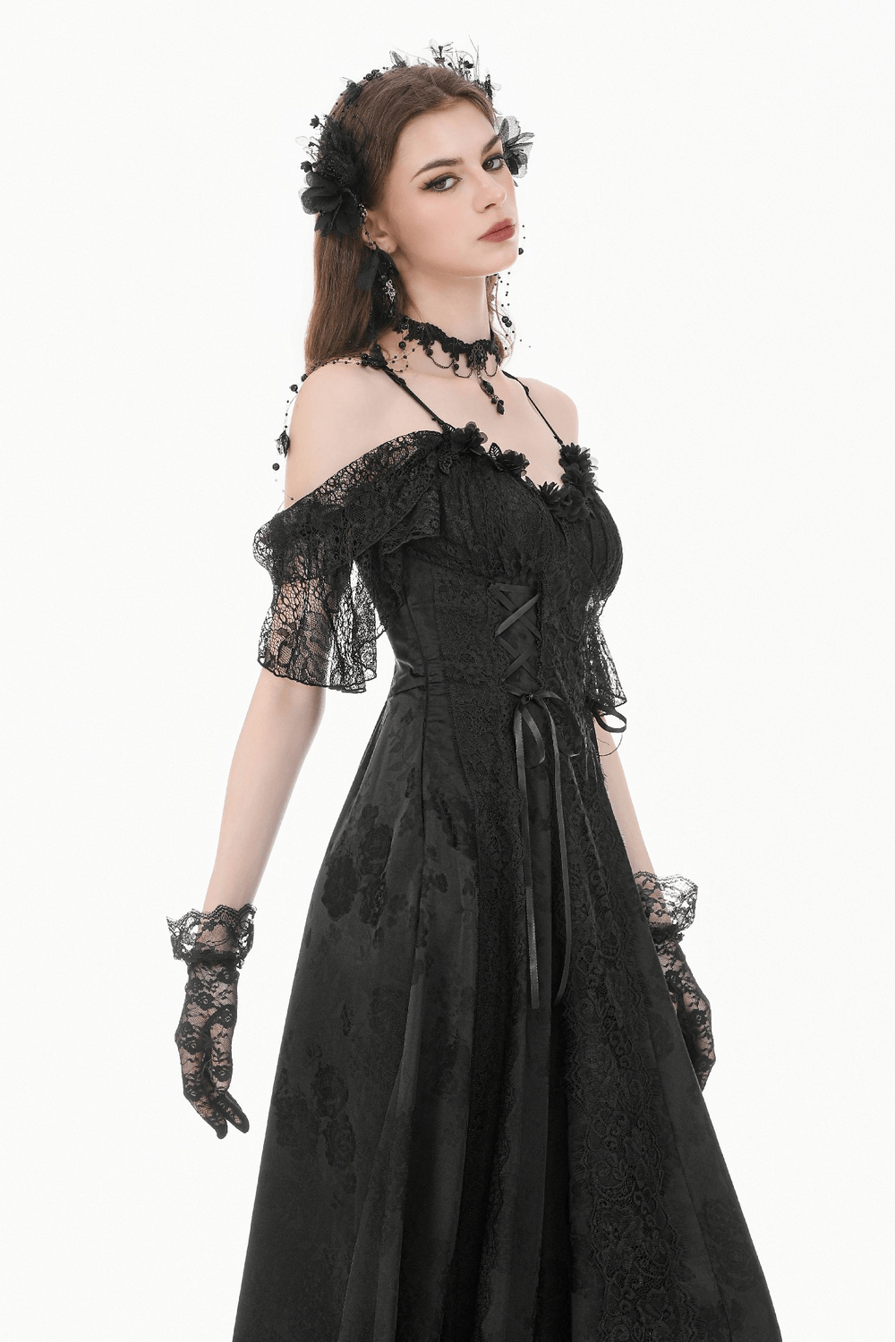 Gothic Floral Maxi Dress with Lace Sleeves and Corset Trim - image 16
