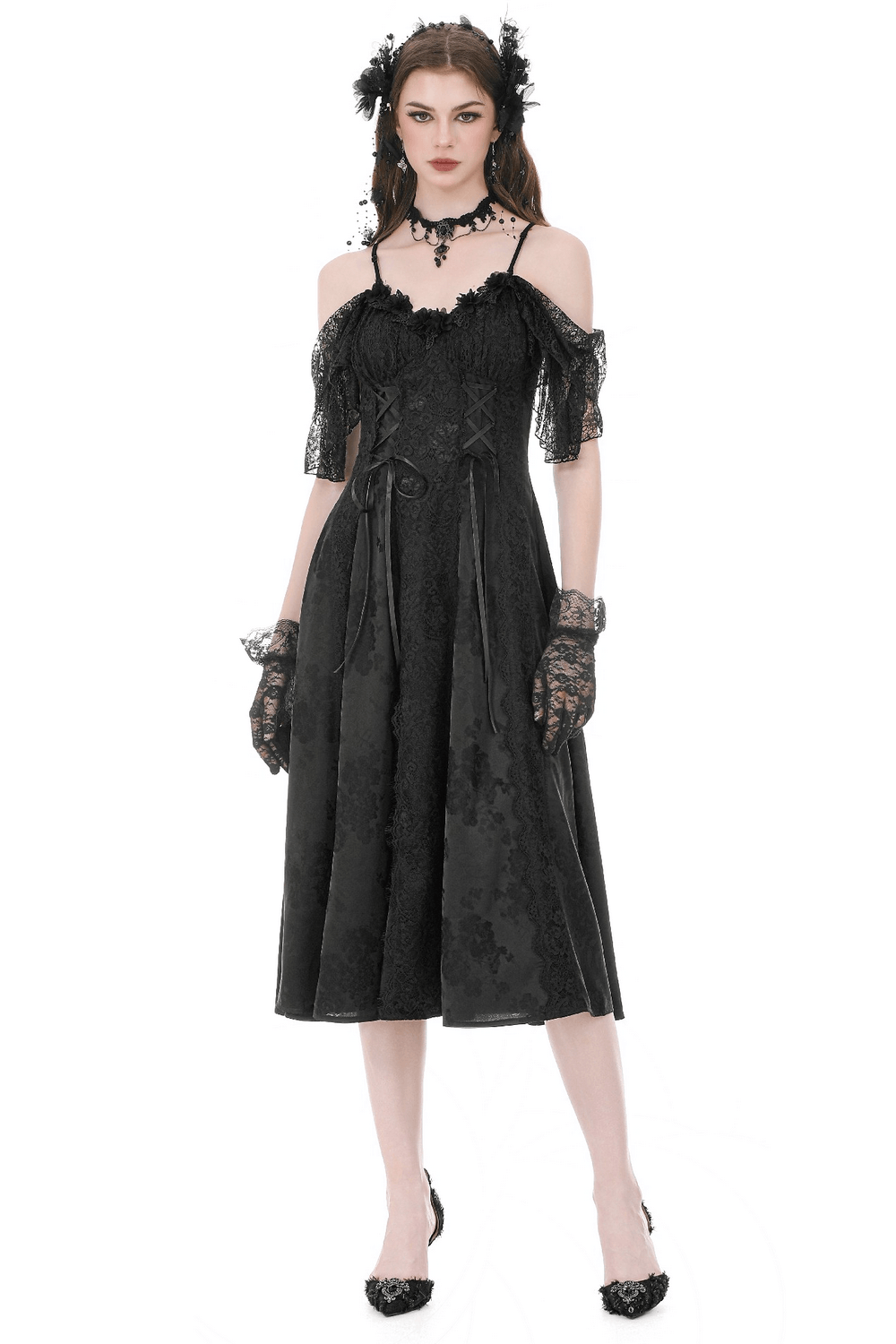 Gothic Floral Maxi Dress with Lace Sleeves and Corset Trim - image 1
