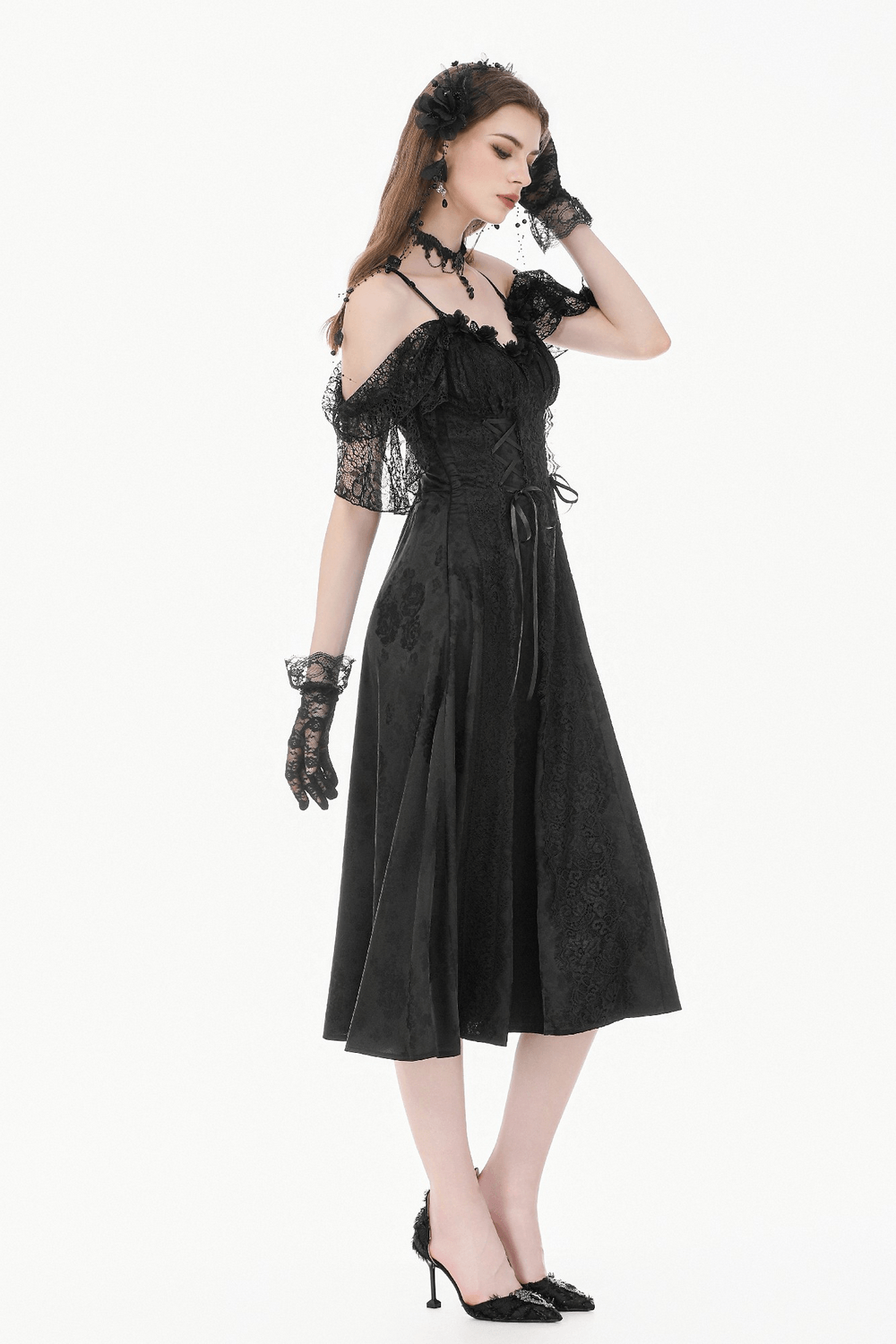 Gothic Floral Maxi Dress with Lace Sleeves and Corset Trim - image 17