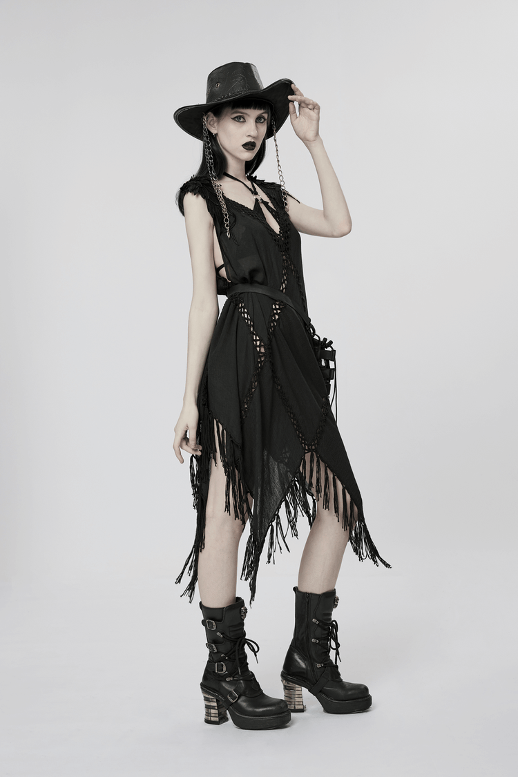 Gothic Fringe V-Neck Dress - Boho Mesh Overlay - image 13