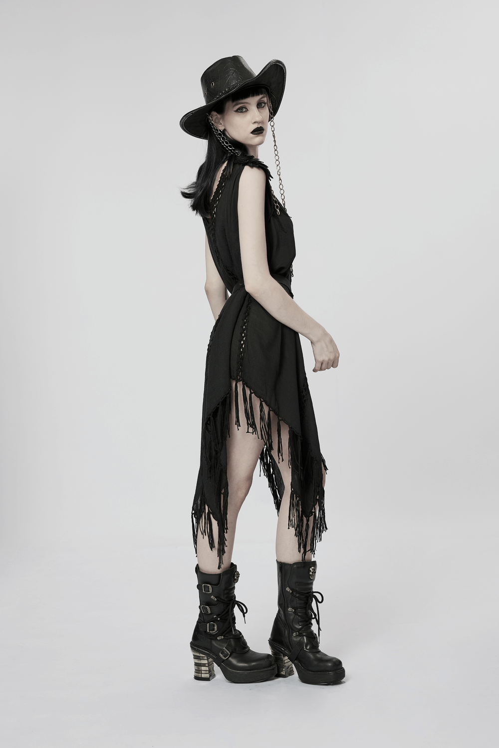 Gothic Fringe V-Neck Dress - Boho Mesh Overlay - image 14