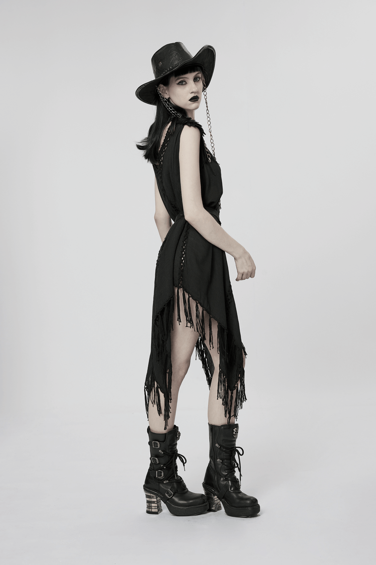 Gothic Fringe V-Neck Dress - Boho Mesh Overlay - image 14