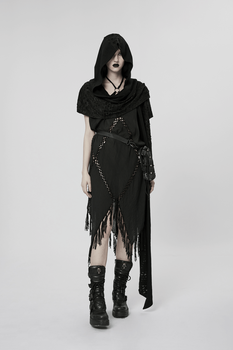 Gothic Fringe V-Neck Dress - Boho Mesh Overlay - image 16