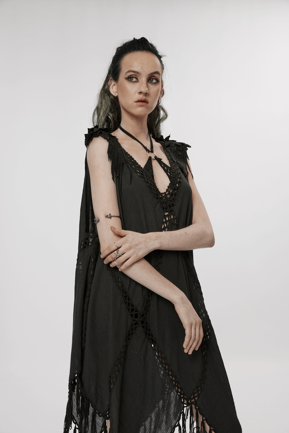 Gothic Fringe V-Neck Dress - Boho Mesh Overlay - image 15