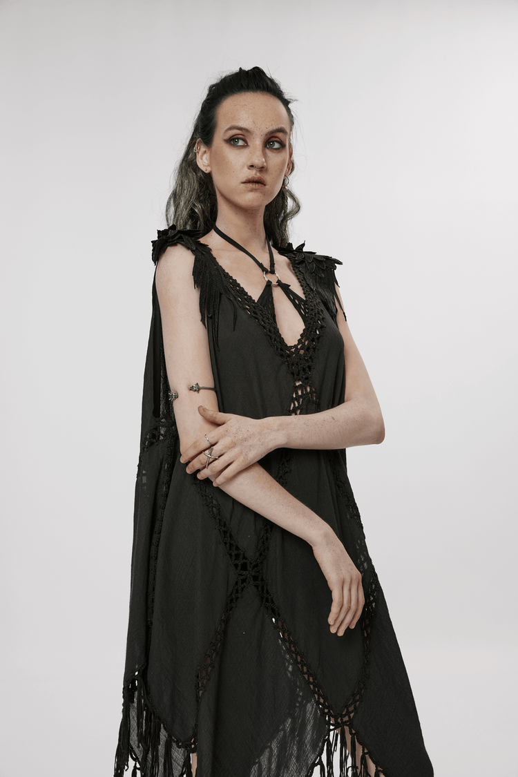 Gothic Fringe V-Neck Dress - Boho Mesh Overlay - image 15