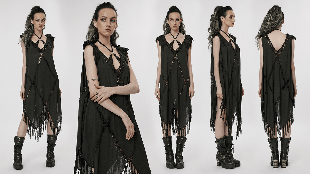 Gothic Fringe V-Neck Dress - Boho Mesh Overlay - image 17