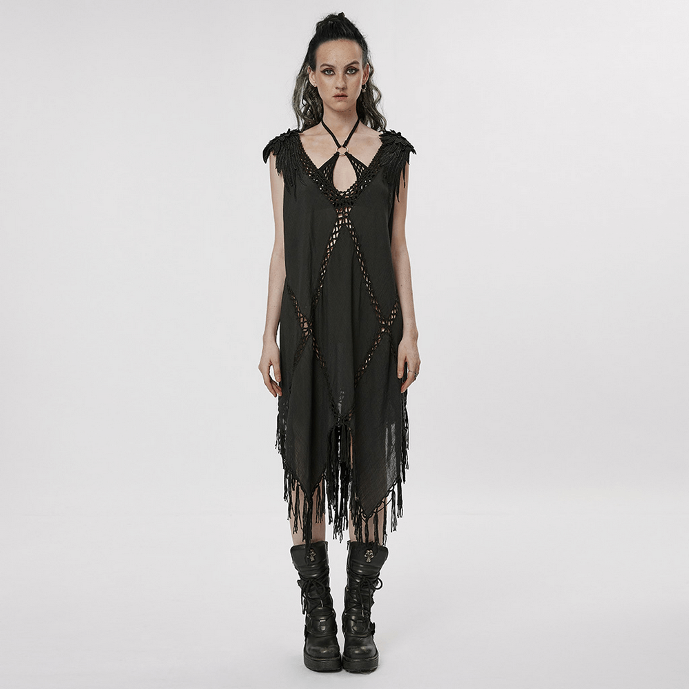 Gothic Fringe V-Neck Dress - Boho Mesh Overlay - image 11