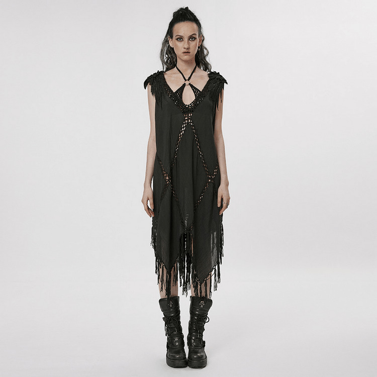 Gothic Fringe V-Neck Dress - Boho Mesh Overlay - image 11