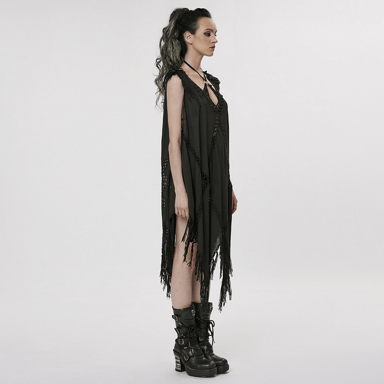 Gothic Fringe V-Neck Dress - Boho Mesh Overlay - image 12